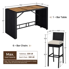Butterslay 7-Piece Outdoor PE Rattan Patio Bar Set With Acacia Wood Table, Cushions & Rain Cover, Modern Garden Furniture Set For Poolside Backyard Balcony & Outdoor Dining, Brown - Black - View 5