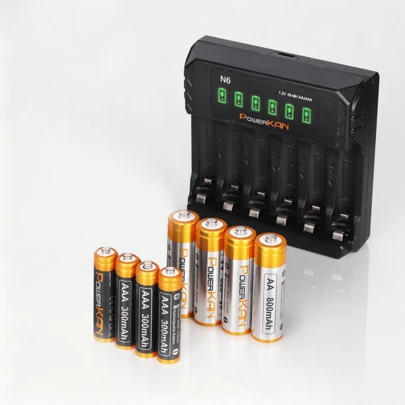  PowerKAN 多功能 AA+AAA 电池充电器套装：N6 6 槽 USB 充电器 (5V 2A) + 8 节 1.2V 镍氢充电电池 (4 节 AA 800mAh + 4 节 AAA 300mAh) - 家用电子产品的完美电源解决方案！