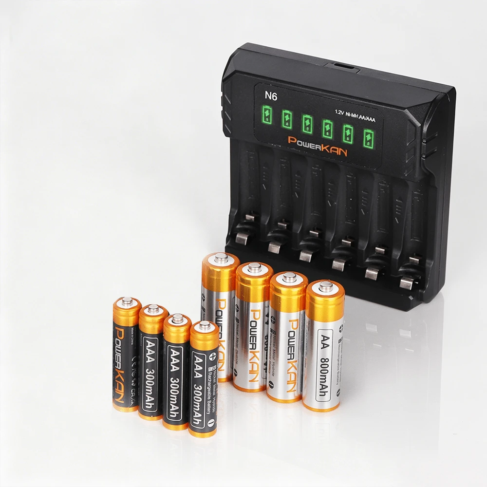 PowerKAN 多功能 AA+AAA 电池充电器套装：N6 6 槽 USB 充电器 (5V 2A) + 8 节 1.2V 镍氢充电电池 (4 节 AA 800mAh + 4 节 AAA 300mAh) - 家用电子产品的完美电源解决方案！