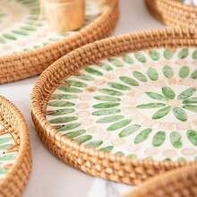 1pc Pearl Shell Inlaid Wooden Base Woven Rattan Decorative Tray, Not For Food Contact, Home Decor - Yellow - View 4