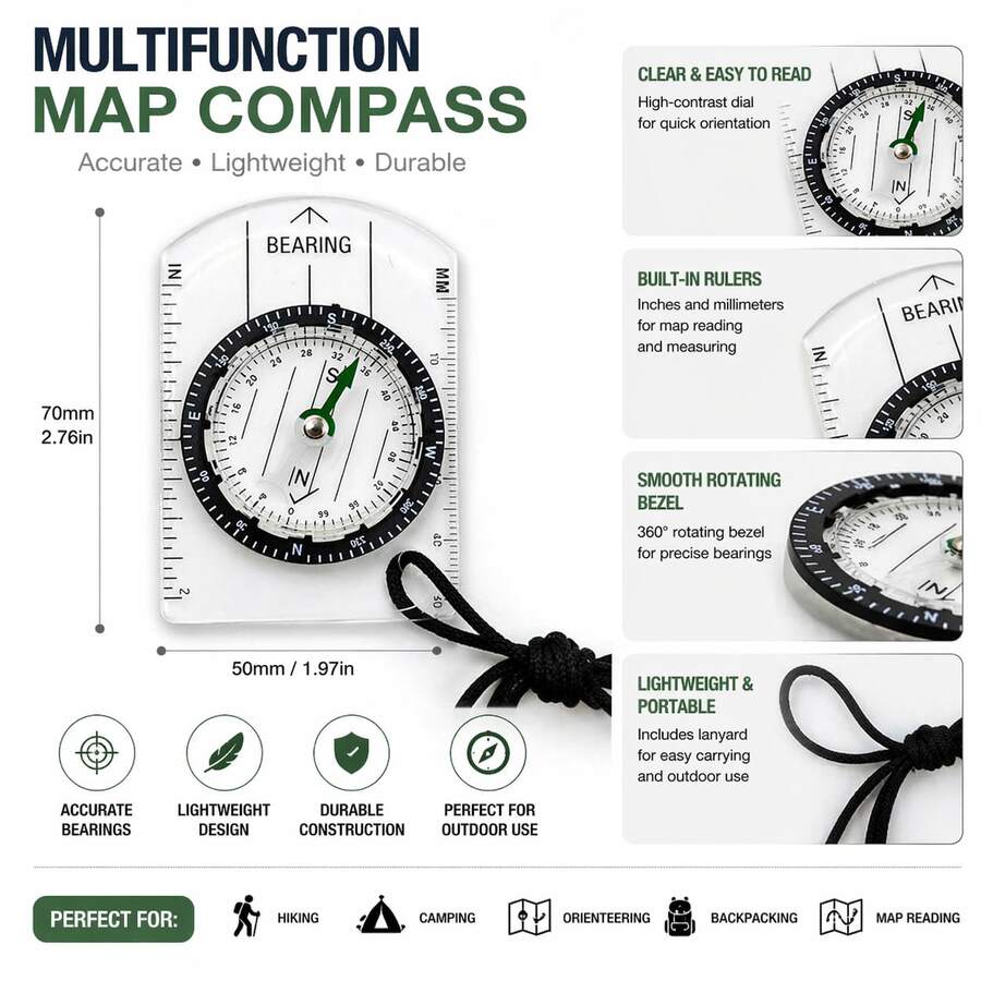 1 pieza Mini brújula de mapa acrílico con regla - Herramienta de navegación portátil transparente con cordón, adecuada para senderismo, camping y orientación