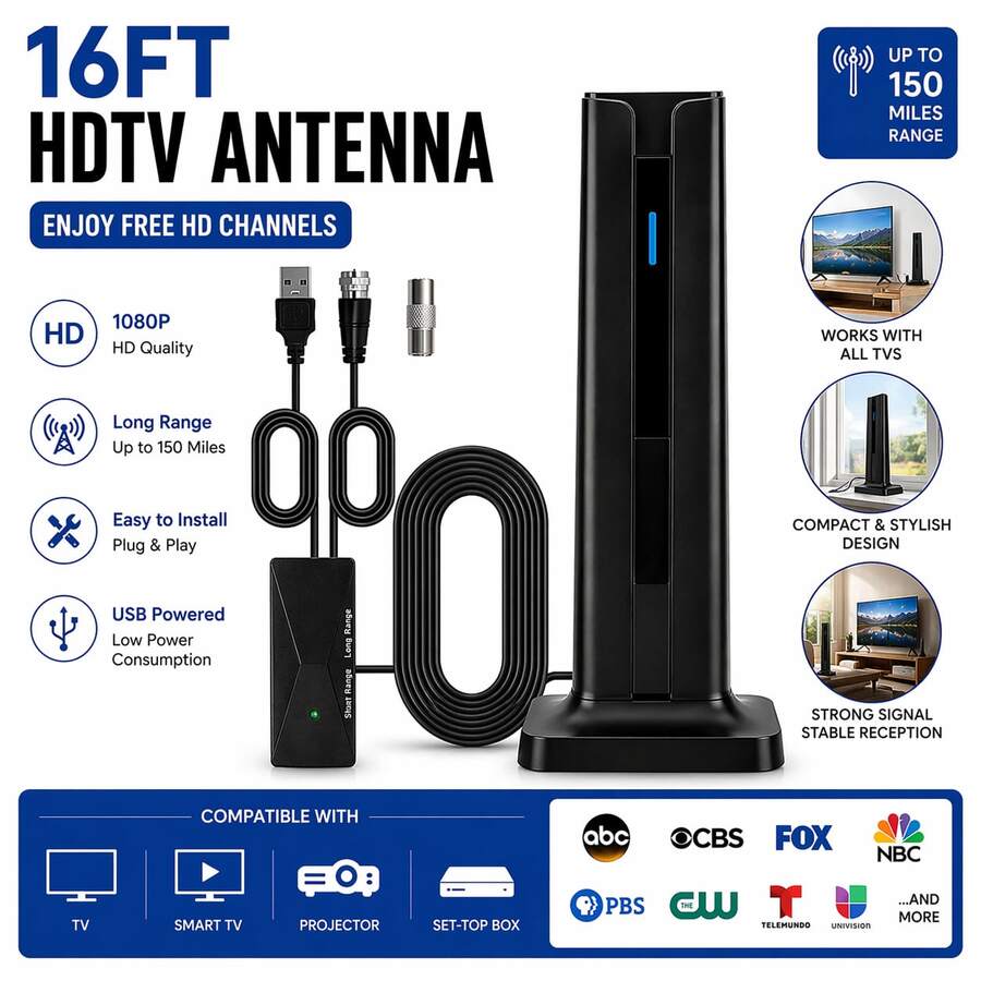TV Antenna Digital HD Antenna 1080P 4K Indoor Long Range With High-Quality Signal For Home Entertainment - Black - View 1