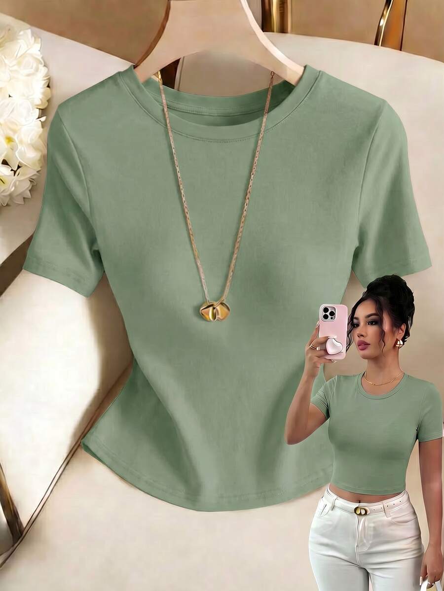 Áo thun nữ tay ngắn cổ tròn ôm dáng, chất liệu mềm mại, thoải mái, có thể giặt máy, áo croptop mùa hè. - Màu xanh Ô liu - Xem 1