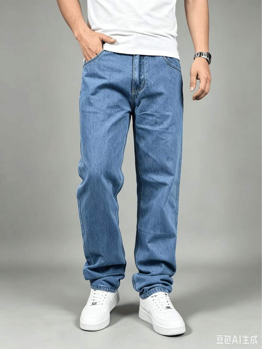 Men's Basic Wide Leg Jeans - Dark Washed Blue (11) - View 1