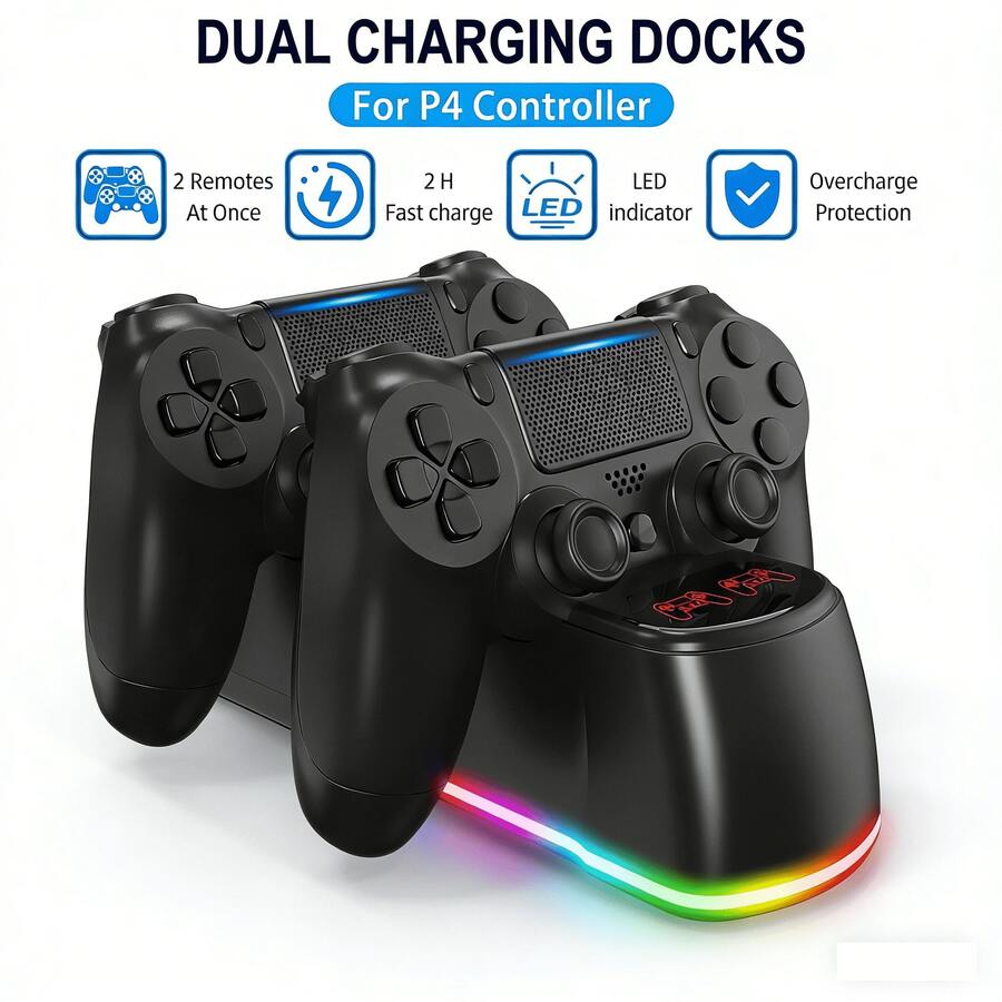 Base de carga de doble controlador, estación de carga rápida, con luz indicadora LED y luz ambiental RGB, función de protección contra sobrecarga, adecuada para el controlador de juegos P4, soporte de carga portátil, accesorio de juego