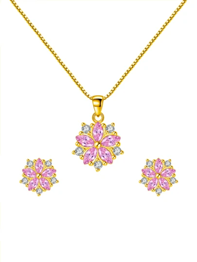 S925 Sterling Silver Sakura & Dolphin Pink CZ Jewelry Set, Cubic Zirconia Necklace & Earrings Set, Hypoallergenic Elegant Gift For Women