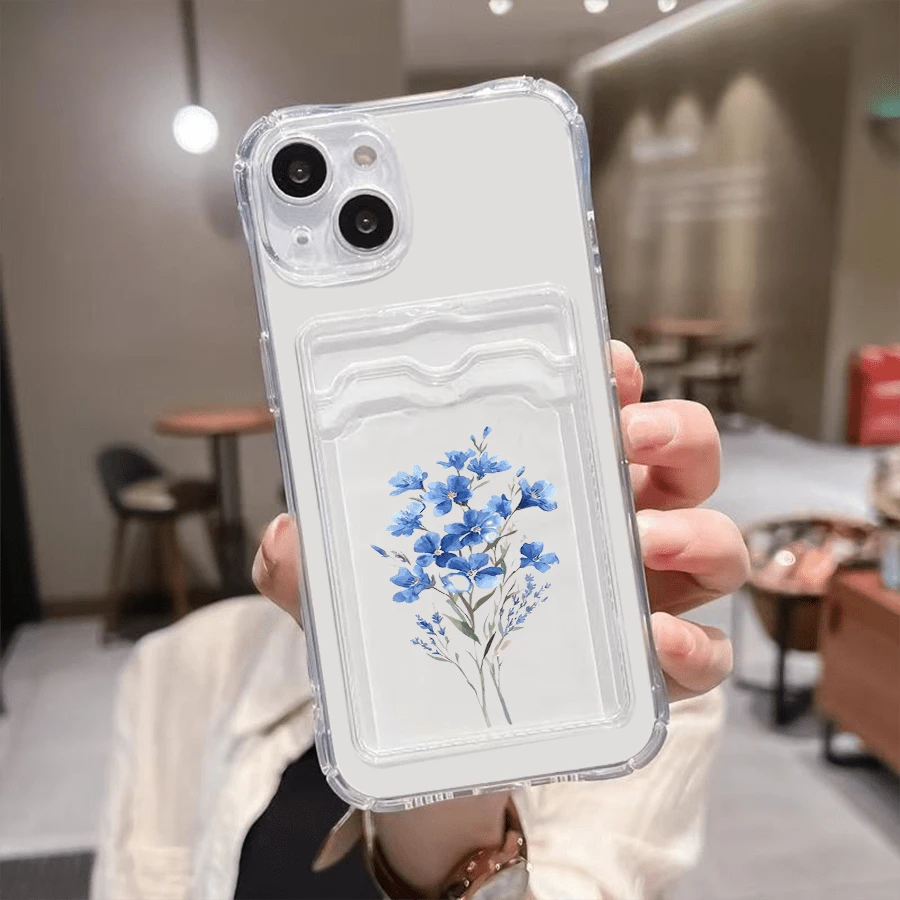 1 unidad Acuarela flores azules minimalista fondo blanco Funda para iPhone 17 PROMAX, protección anticaída con airbag reforzado en las cuatro esquinas, tarjetero invisible integrado en la parte trasera, compatible para tarjeta personal, carnet de conducir, tarjeta de acceso y tarjeta de transporte, funda protectora antigolpes portátil con ranura para tarjetas, diseño sencillo y elegante, ideal para uso diario, desplazamientos y viajes - transparente - Ver 1