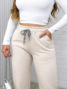 Women's Straight Track Pants With Elastic Waistband, Solid Color. - 米色 - View 1