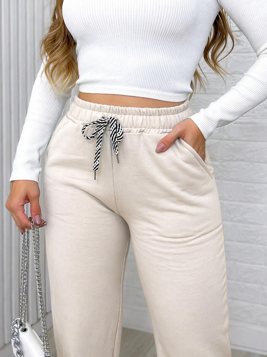 Women's Straight Track Pants With Elastic Waistband, Solid Color. - 米色 - View 1