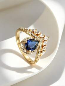 Charm-In Nhẫn hình giọt nước mạ vàng 18K đính đá CZ xanh dương, nhẫn statement đính đá CZ lấp lánh, trang sức cưới thanh lịch dành cho nữ, thích hợp cho tiệc tùng và đeo hàng ngày. - Vàng - Xem 2