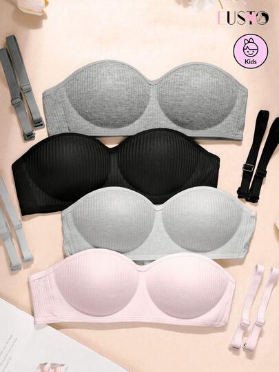 paquete de 4 piezas de ropa interior para niñas y adolescentes con sujetador sin tirantes para busto pequeño - Incluye tirantes para aumentar el soporte