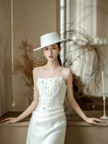 Elegant French Style Pearl Tassel Fedora Hat, White Felt Wide Brim Hat With Hanging Veil, Chic Headpiece For Wedding, Party & Prom - A - 查看 5