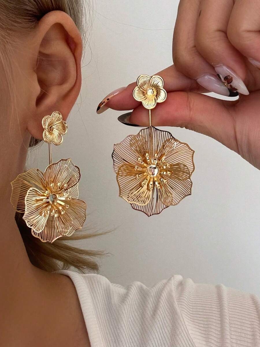 一对花卉设计耳环，欧美奢华优雅时尚 - 金黃色 - 查看 1