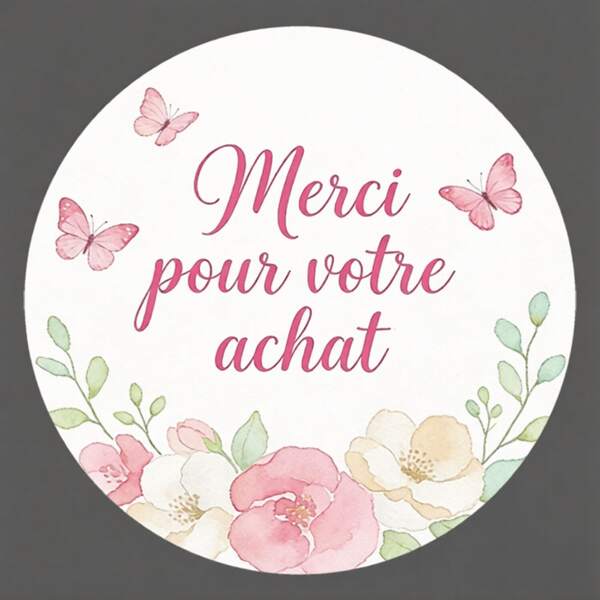 6/30 pièces Autocollants ronds de remerciement client - Avec le texte "Merci Pour Votre Achat", design aquarelle rose à fleurs et papillons, parfait pour les boîtes cadeaux, les pochettes cadeaux et l'emballage d'enveloppes
