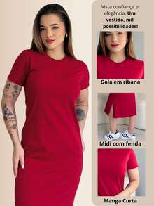 Vestido Feminino Midi Blogueira Básico Liso Casual Algodão Conforte - Preto - Visão 7