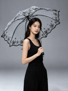 8骨透明折疊傘，花卉圖案透明傘面，便攜易開/收，適合學校、辦公室、居家、旅行及返校季，時尚極簡設計，生日禮物首選，春夏適用 - 彩色 - 查看 17