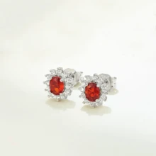 Pendientes de botón con marco ovalado de rubí de plata de ley 925, regalo para mujeres - Rojo - Ver 12