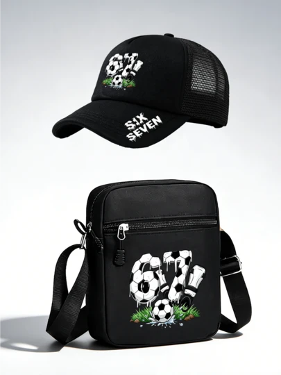 1pc "67" Graphic Design Print Unisex Mesh Trucker Hat And Crossbody Bag Set, Streetwear Fashion Outdoor Sports Baseball Cap And Bag, Adjustable, Gift For Yourself Or Friends