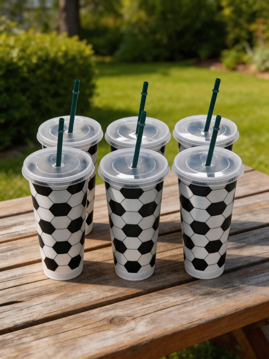 6pcs Reusable Plastic Football Shaped Cups With Lids & Straws, Suitable For Football Fans, Football Themed Party Decor & Gifts - Multicolor - View 1