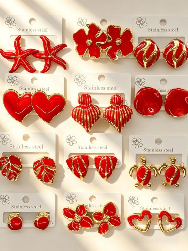 20 Fashionable Stainless Steel Cast Earrings Featuring Flowers, Starfish, Turtles, Hearts, And Geometric Shapes. High End Red Highlights Your Beauty, These Simple And Stylish Stainless Steel Earrings Are Suitable For Women's Daily Wear And Are Also An Excellent Gift For Female Friends (Random Combination)