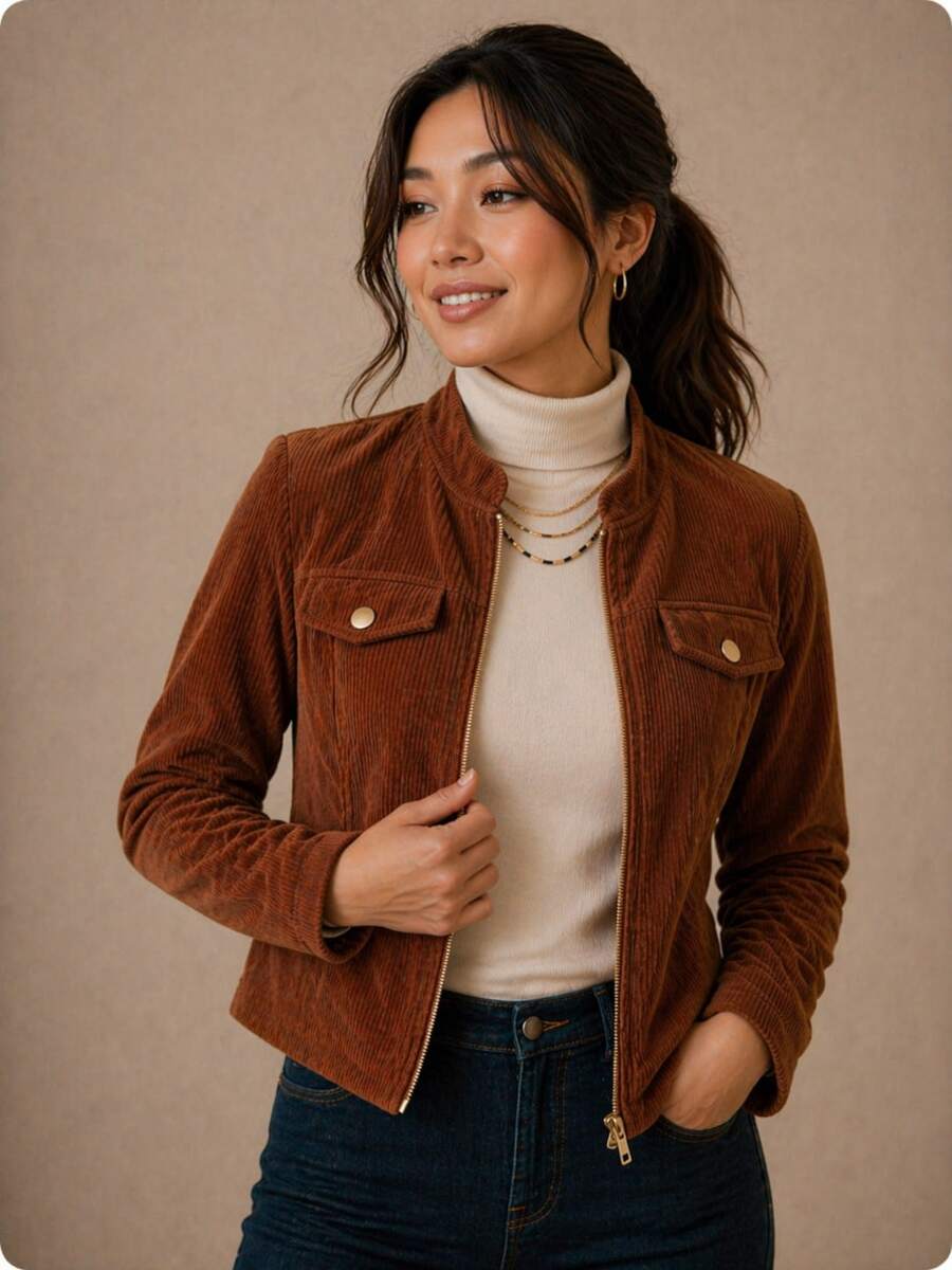 Women's Corduroy Jacket With Zipper - Elegant And Warm - Modern - Winter - Velvet - Zipper - Holiday - School - Vacation - Daily - Office - 駝色 - 查看 1