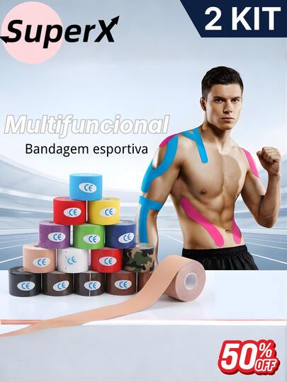 Kit 2 Fita Tape Bandagem Elástica Adesiva Funcional Alivia a Dor Atleta Tape Fisioterapia Rolo Adesivo 5M