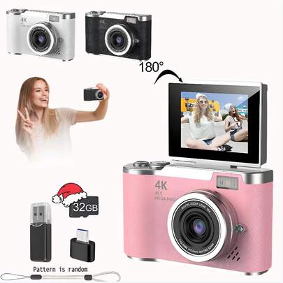 1080P高清便携式数码相机，高清摄影摄像相机，自动对焦，高像素分辨率，防抖技术，180°旋转屏幕带彩色滤镜，8倍数码变焦，适合作为成人初学者的生日、新年和圣诞节礼物（内置800mAh可充电电池）