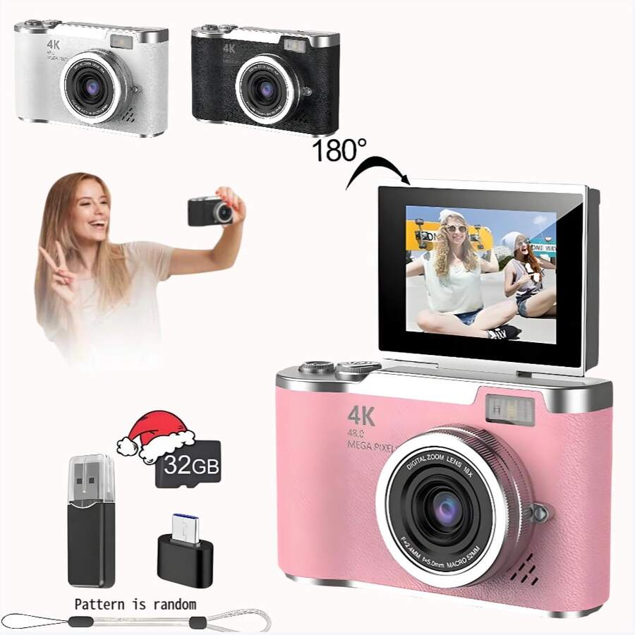 1080P HD Portable Digital Camera, Suitable For Photography And Video Recording, Auto Focus Function, High Pixel Resolution, Anti-Shake Technology, 180° Flip Screen, 8x Digital Zoom Function, (Built-In 800mAh Rechargeable Battery) - View 1