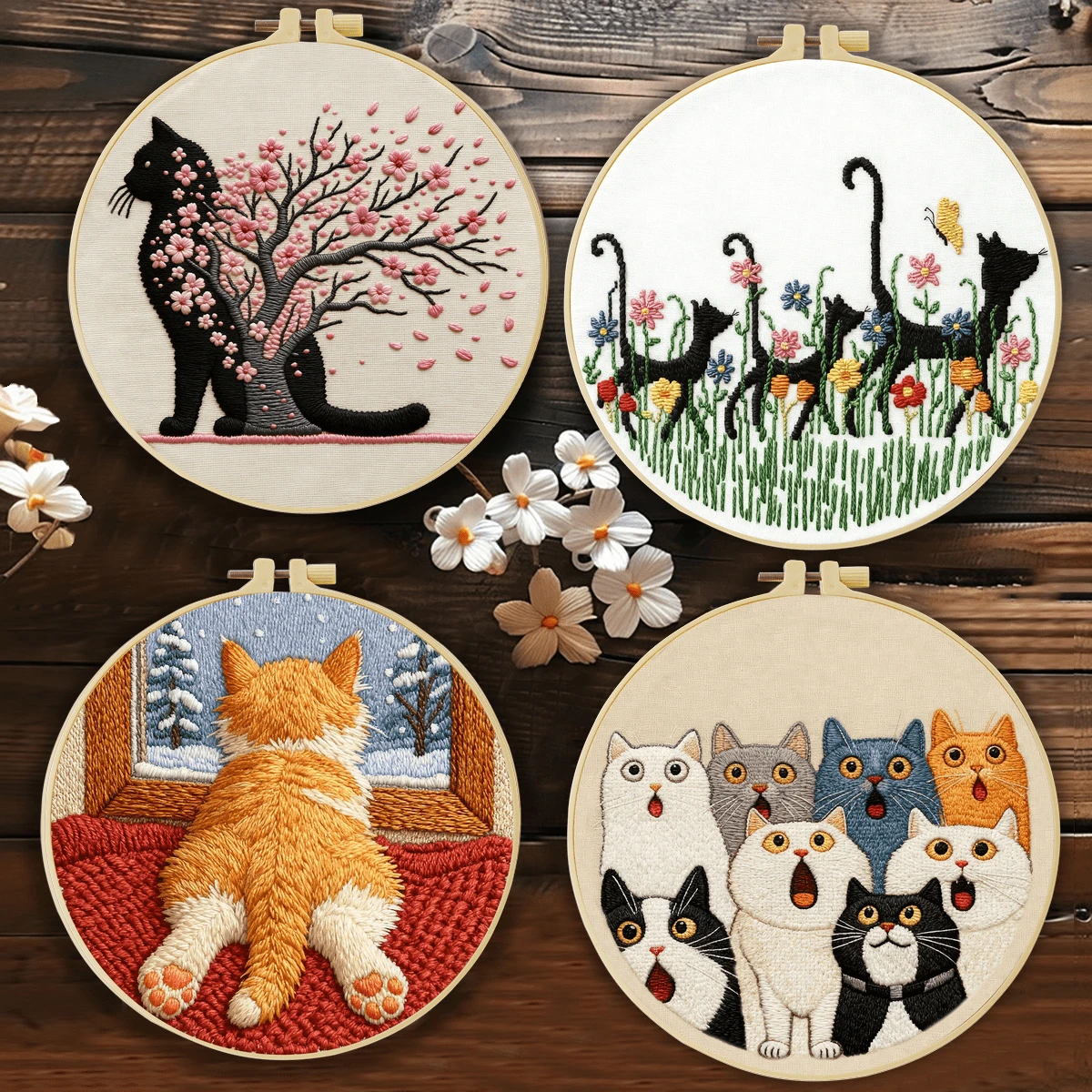DIY刺繡套件 可愛貓咪圖案 適合初學者，包含布料、水溶性印花紙、說明書、刺繡框、針與線，送給親友的完美禮物，居家或辦公室手工裝飾 20x20cm/7.9x7.9in