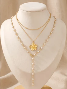 2pcs Vintage Multilayer Bohemian Style Y-Shaped Chain Floral & Faux Pearl Pendant Necklace, Versatile For Daily, Vacation, Party Wear, Gift - Yellow Gold - View 2