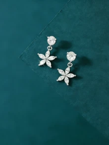 1对S925纯银锆石花朵耳钉，奢华小众设计，女士专属 - 花 - 查看 2