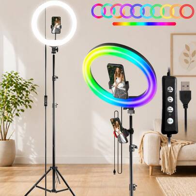 UEGOGO Đèn vòng 12 inch kèm chân đế ba chân điều chỉnh được – Chiều cao 62,99"/160cm, kèm giá đỡ điện thoại, 3 chế độ màu và đèn LED điều chỉnh độ sáng vô cấp, chân đế ba chân có thể tháo rời để chụp ảnh tự sướng, phát trực tiếp và chụp ảnh.