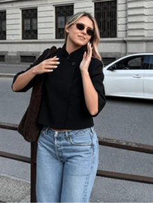 DEEKA 春夏新款女装简约百搭短袖露脐西装外套 - 黑色 - 查看 4