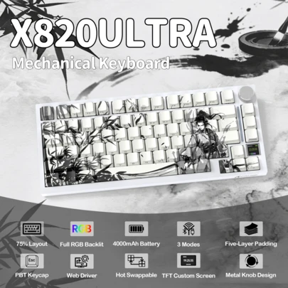 ATTACK SHARK X820 Ultra 75% Wireless Gaming Mechanical Keyboard Hot-Swappable Gasket Mount RGB Backlit BT/2.4G/Wired Custom Keyboard With Smart TFT Display&Knob QMK Driver-Gift Switch