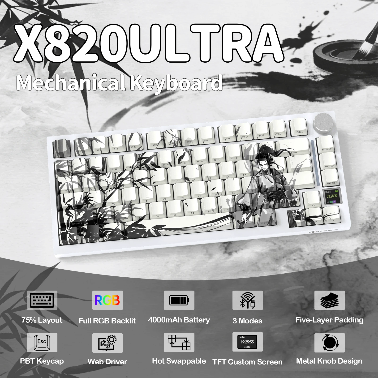 X820 Ultra 75% Wireless Gaming Mechanical Keyboard Hot-Swappable Gasket Mount RGB Backlit BT/2.4G/Wired Custom Keyboard With Smart TFT Display&Knob QMK Driver-Gift Switch - View 1