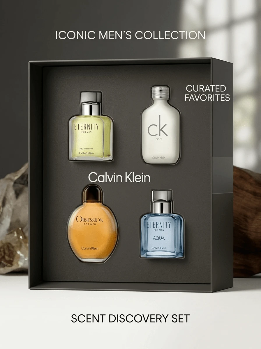 Calvin Klein 假日礼盒套装 XM25 男士迷你香水 4 件套（Eternity 0.5 盎司 + CK One 0.5 盎司 + Eternity Aqua 0.5 盎司 + Obsession 0.5 盎司）迷你套装 0.5 盎司/15 毫升*4 - 多樣化香型 - 查看 1