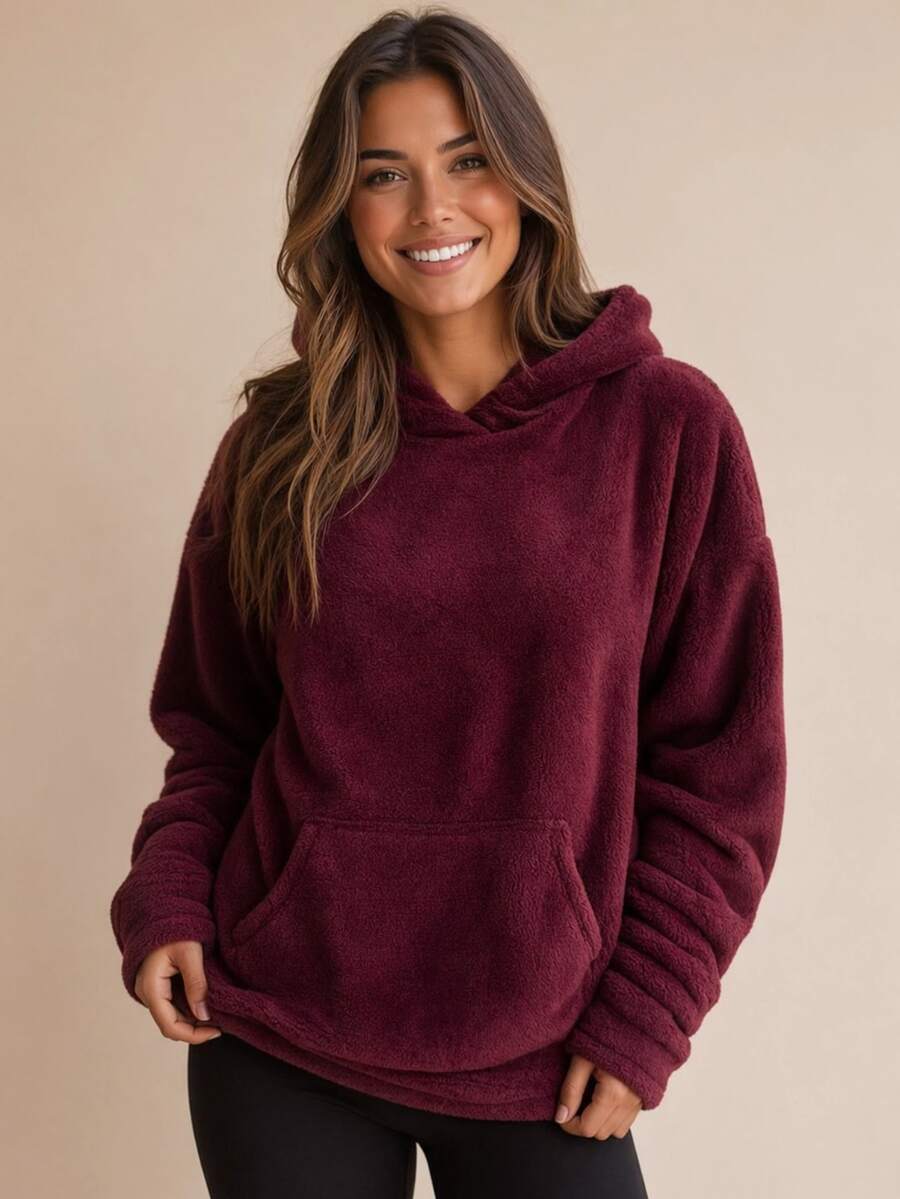 Women's Hoodie With Pocket – Comfortable And Stylish Winter Sweatshirt With Faux Fur Lining - Màu Đỏ Sâu - Xem 1