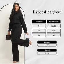 Women's Linen Set - Pants And Shirt With Buttons - Black - View 3