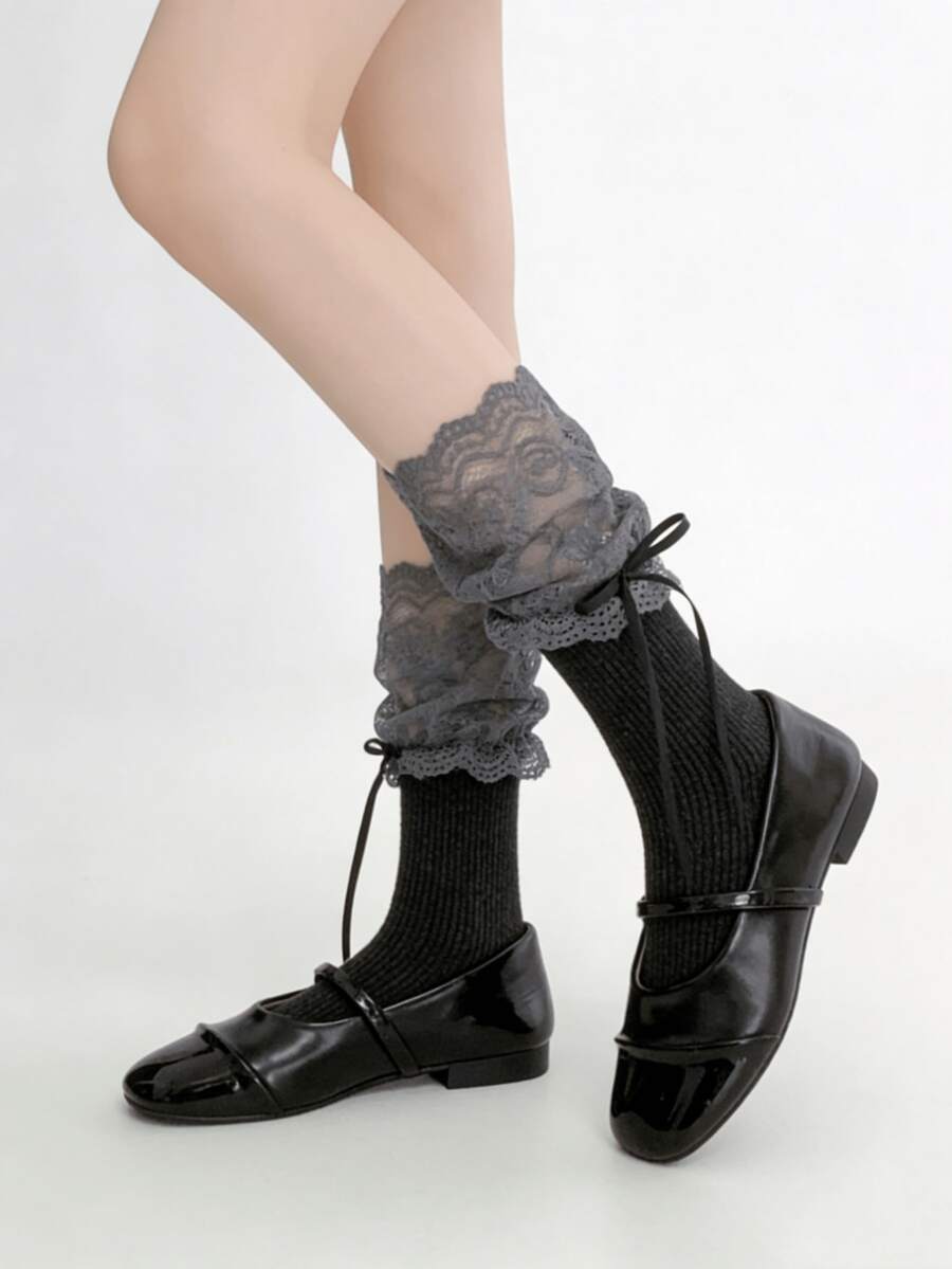 1/4 Pair Sweet Versatile Lace Ruffle Bow Ballet Style Mid-Calf Socks, Spring/Summer - Multicolor - View 1
