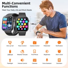 Hwagol 2025 Upgrade Smartwatch (Anrufe/Wählen unterstützt), 1,85" Display, 230mAh Akkukapazität, Unisex, Fitness Tracker, Mehrere Sportmodi, Schrittzähler, Kalorienrechner, Schlafüberwachung, Herzfrequenzmonitor, kompatibel mit Android und iOS - Schwarz - Übersicht 7