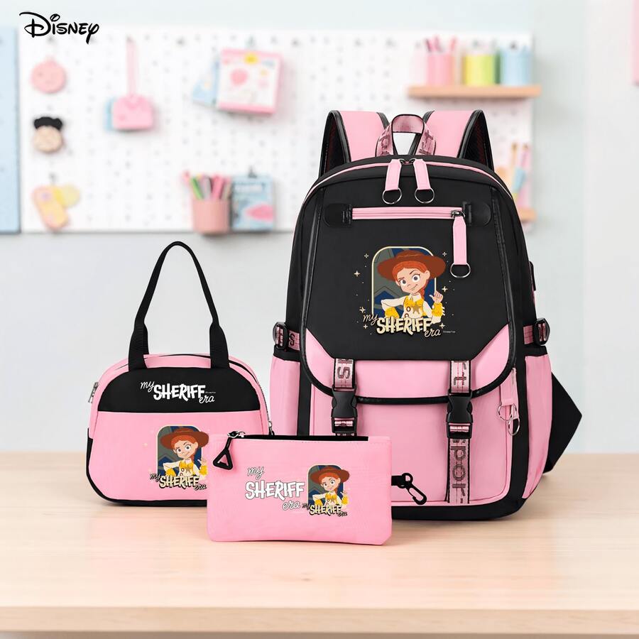 Miniso Disney Jessie Sheriff 3 PiecesBackpack Set Casual Daily Use Insulated Bag And Organizer Pouch Contrast Color Pink Black - Color 1 - View 1