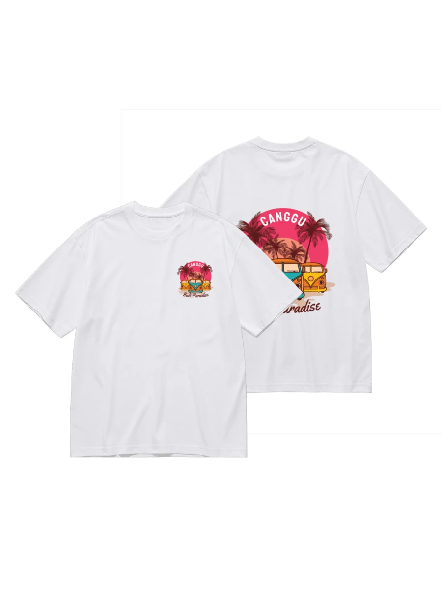 Camiseta Canggu Bali Paradise Estampado Retro Playa Unisex Oversize Nuevo Modelo 2026 Manga Corta Cuello Redondo Casual Para Primavera Y Verano Estilo Callejero De Uso Diario - Blanco - Ver 1