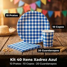 Party Kit With 40 Disposable Items, Blue Checkered Pattern, For June Festivals, Plates, Cups, And Napkins. - 40 Items - View 9