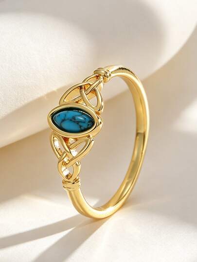 Charm-In 18K Gold Plated Celtic Knot Turquoise Ring, Dainty Vintage Stackable Ring, Boho Irish Inspired Jewelry For Women
