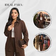 Women's Linen Set - Pants And Shirt With Buttons - Rust Brown - View 5