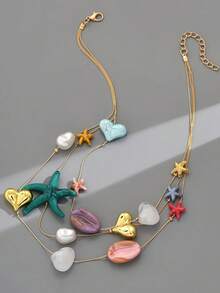 1pc Bohemian Vacation Faux Starfish & Shell Multilayer Necklace (Random Accessory Color) - Multicolor 2 - View 4