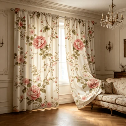 2 tấm rèm cửa họa tiết hoa hồng hồng cổ điển - Với họa tiết in phẳng 2D hình hoa hồng hồng và dây leo xanh - Có khả năng lọc ánh sáng - Lý tưởng cho phòng ngủ và phòng khách theo phong cách mộc mạc.
