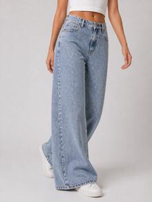 Women's Light Blue Marbled Wide Leg Jeans, High Waist, Casual, Modern, And Relaxed For Everyday Wear. - 淺色大理石紋牛仔褲 - 查看 5