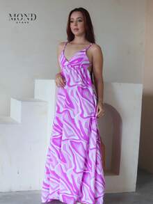 Women's Backless Loose-Fitting Long Dress With A V-Neck And Thin Straps - 淡紫色印花 - 查看 5