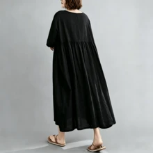2026春夏秋季女士波西米亚风长连衣裙，黑色，带口袋，短袖圆领，A字褶裥剪裁，亚麻面料，休闲度假睡裙 - 黑色 - 查看 5